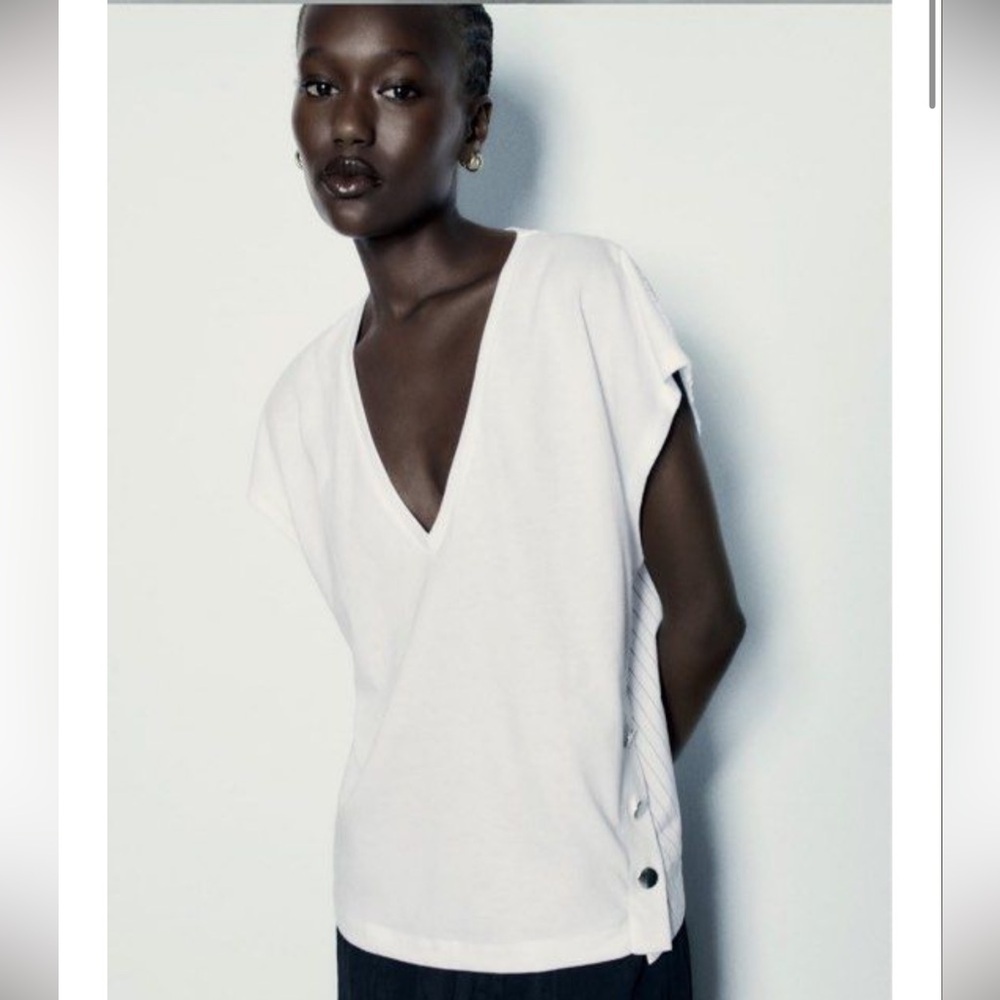 Zara NEW Cotton Poplin Stripe Side Button Vneck Tee Size Small Black/White - Picture 3 of 12